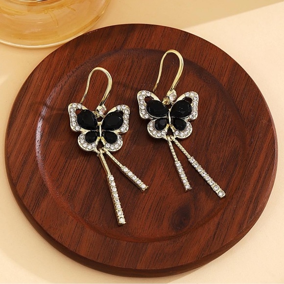 Crystal Studded Gold Butterfly Dangle Earrings in Black and Gold - Picture 5 of 10